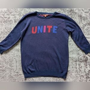 ModCloth Sweater M Purple Navy UNITE 3/4 Sleeve Pullover Novelty Knit Womens